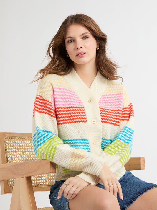 Cocoa Cashmere Multicolour Stripe Cashmere-Cotton V neck Cardigan with Pockets CC5818A