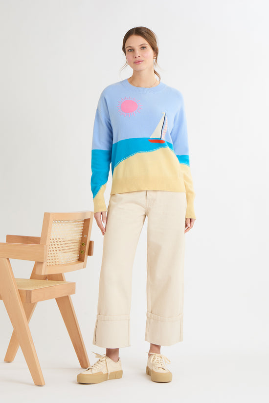 Cocoa Cashmere Multicolour Seaside Scene Sweater with Crew Neck Long Sleeve