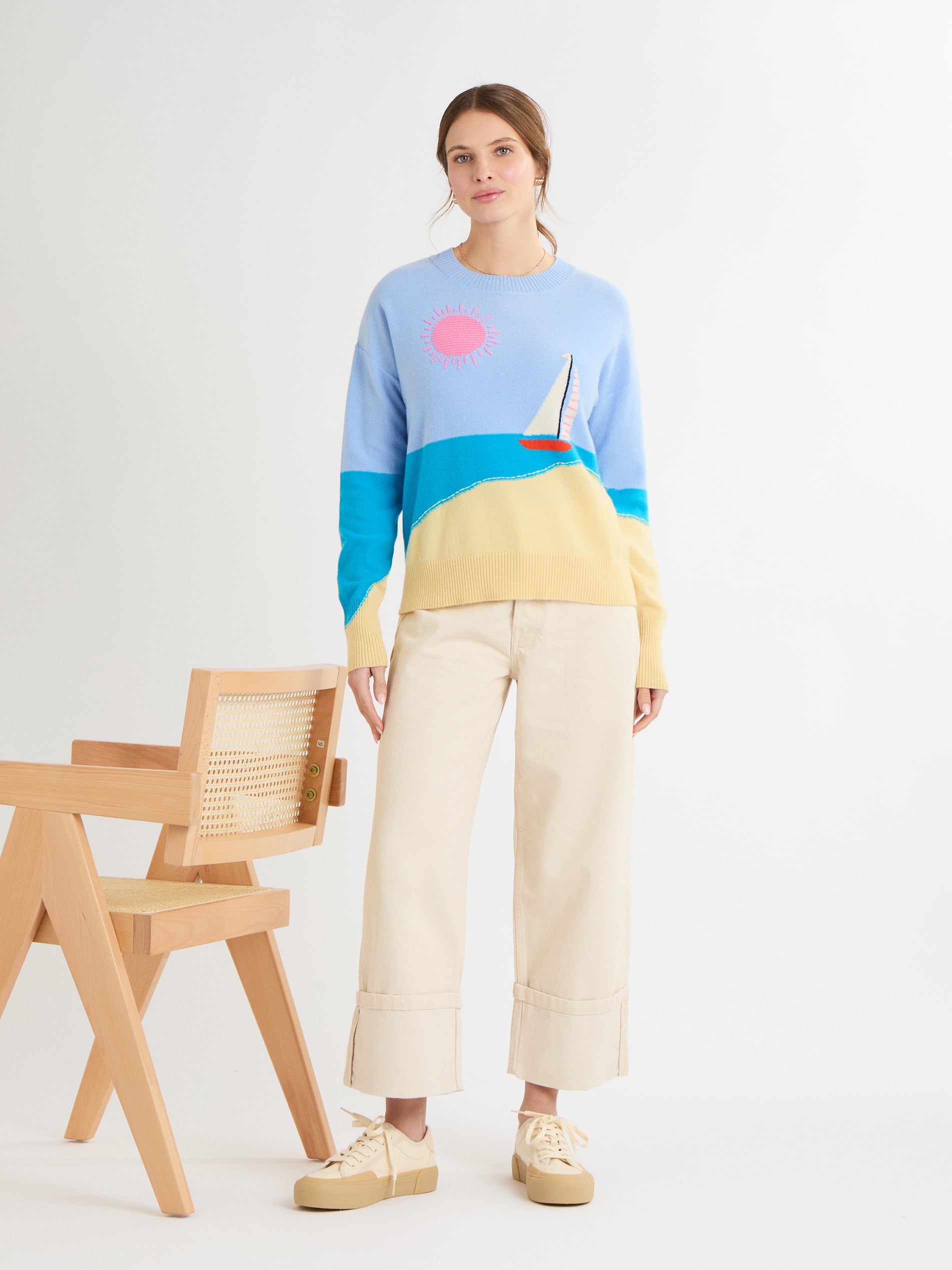 Cocoa Cashmere Multicolour Seaside Scene Sweater with Crew Neck Long Sleeve
