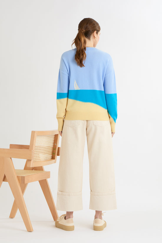 Cocoa Cashmere Multicolour Seaside Scene Sweater with Crew Neck Long Sleeve