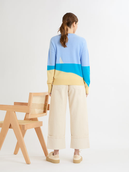 Cocoa Cashmere Multicolour Seaside Scene Sweater with Crew Neck Long Sleeve CC5906A