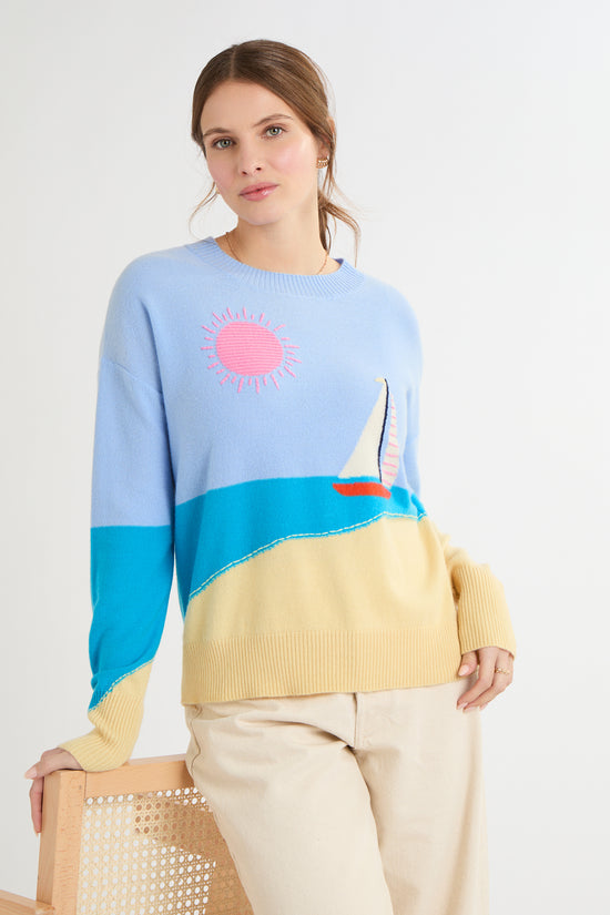 Cocoa Cashmere Multicolour Seaside Scene Sweater with Crew Neck Long Sleeve