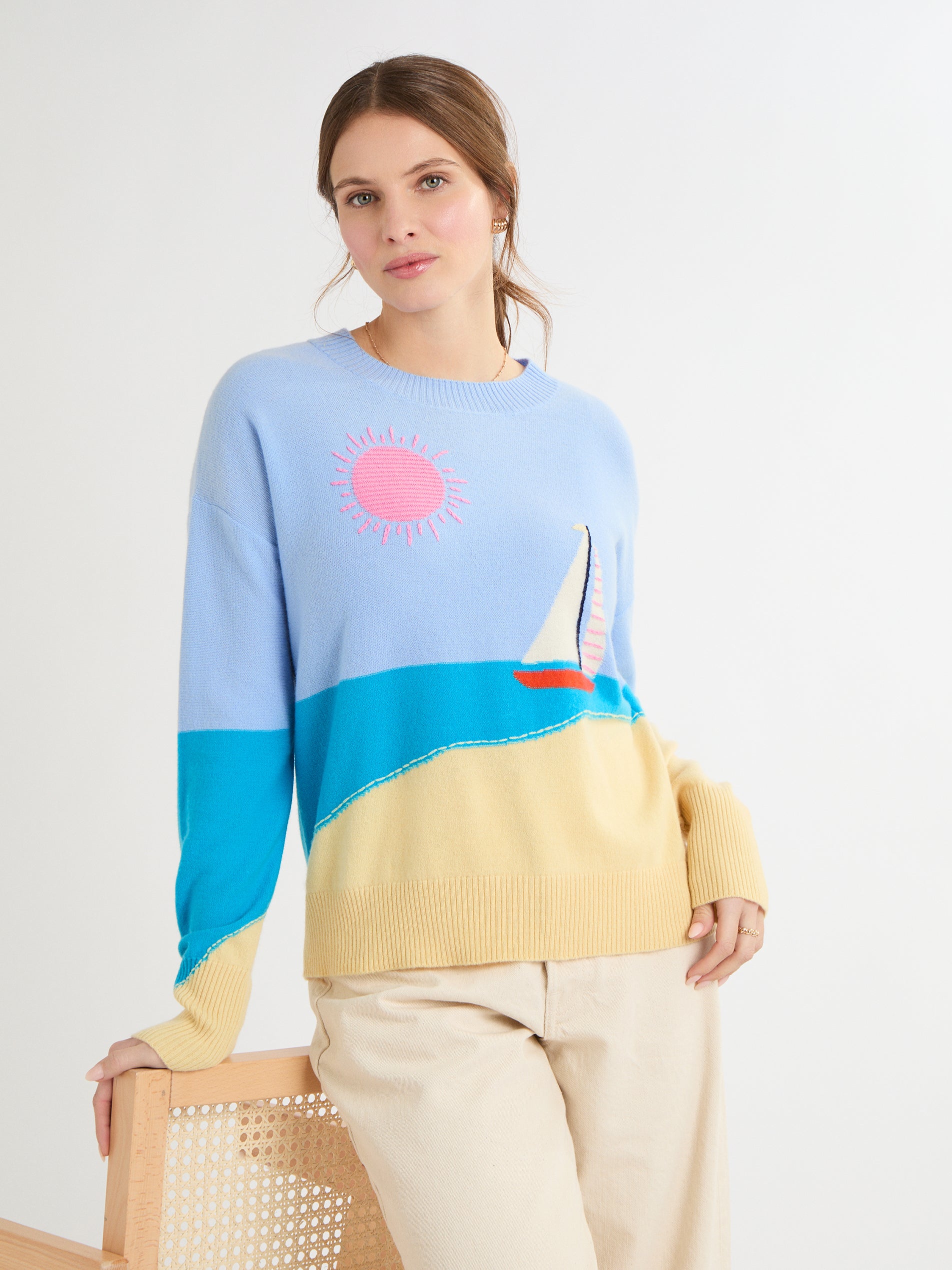 Cocoa Cashmere Multicolour Seaside Scene Sweater with Crew Neck Long Sleeve