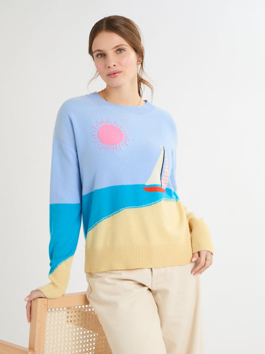 Cocoa Cashmere Multicolour Seaside Scene Sweater with Crew Neck Long Sleeve CC5906A