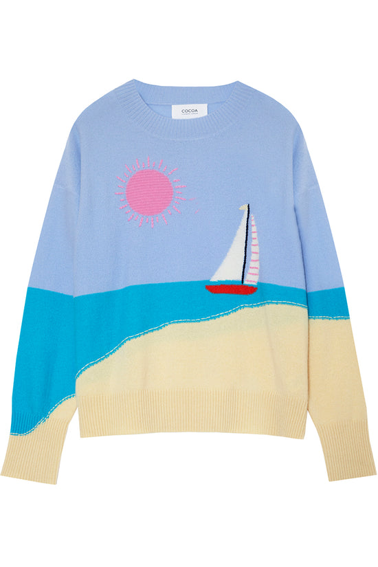Cocoa Cashmere Multicolour Seaside Scene Sweater with Crew Neck Long Sleeve