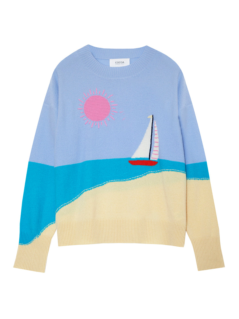 Cocoa Cashmere Multicolour Seaside Scene Sweater with Crew Neck Long Sleeve