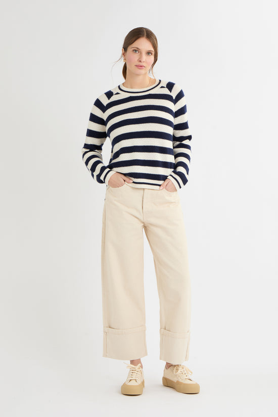Cocoa Cashmere Navy & Cream Stripe Sweater with Crew Neck, Long Sleeve, Longer Back Hem CC5907A