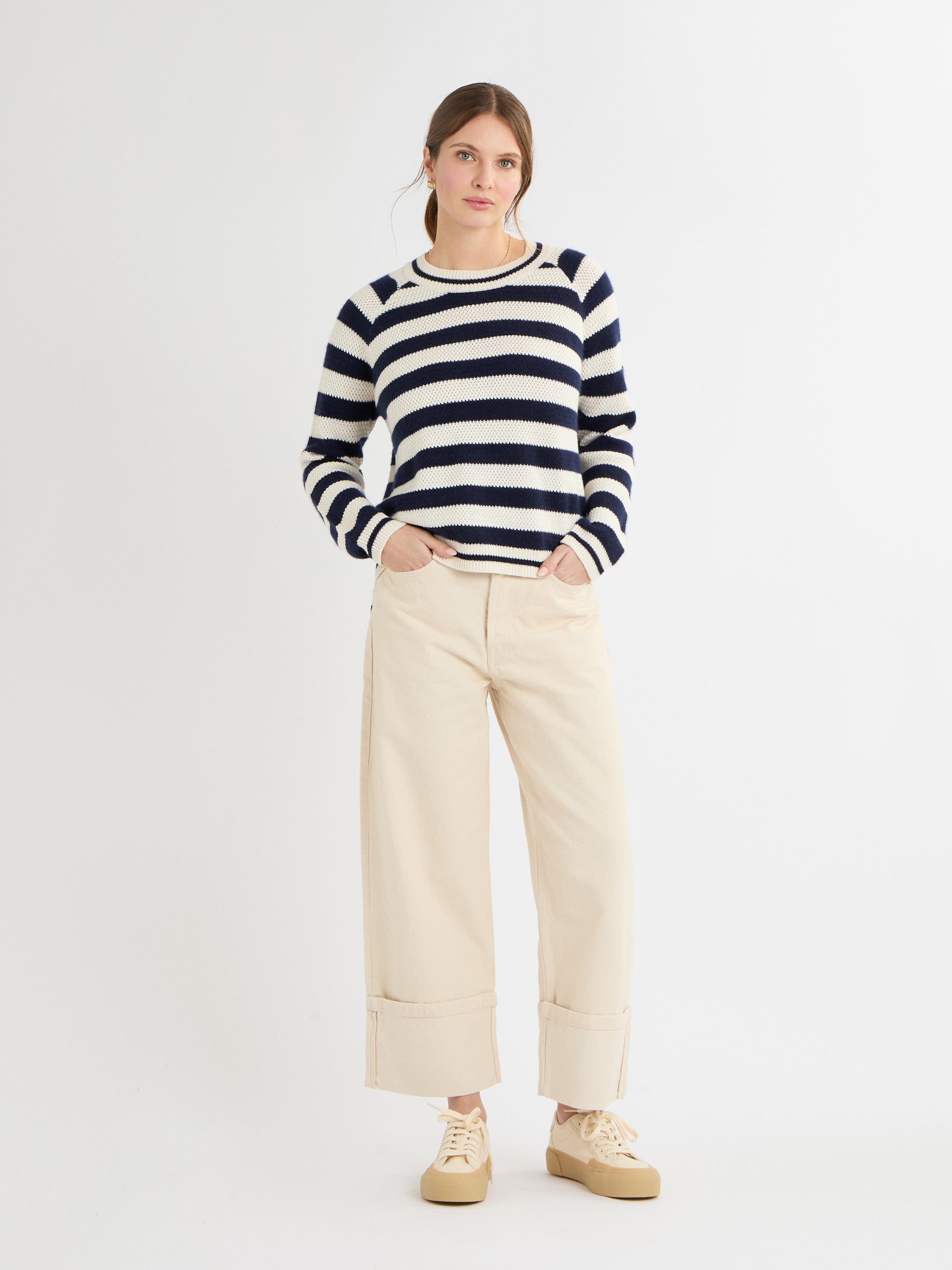 Cocoa Cashmere Navy & Cream Stripe Sweater with Crew Neck, Long Sleeve, Longer Back Hem CC5907A
