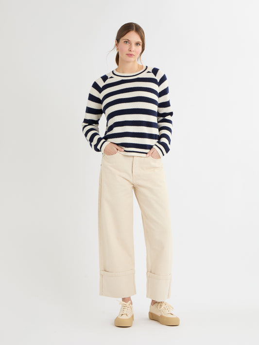 Cocoa Cashmere Navy & Cream Stripe Sweater with Crew Neck, Long Sleeve, Longer Back Hem CC5907A