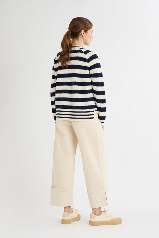 Cocoa Cashmere Navy & Cream Stripe Sweater with Crew Neck, Long Sleeve, Longer Back Hem CC5907A