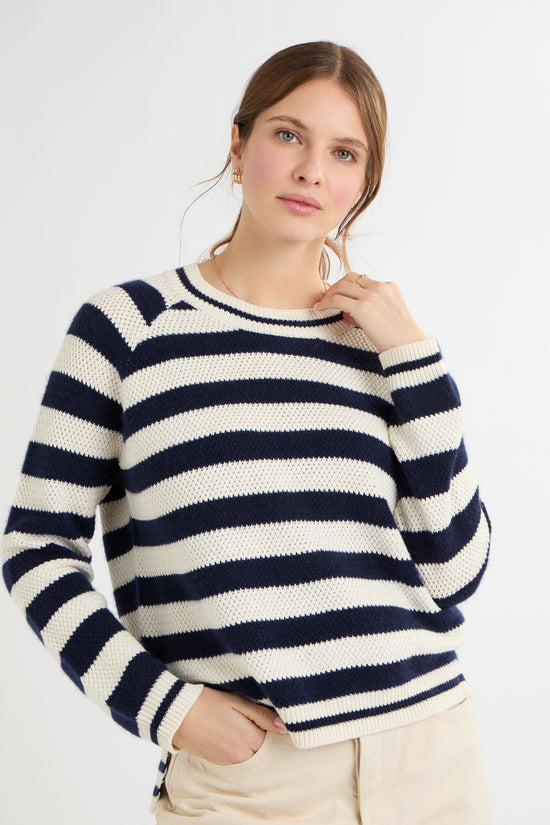 Cocoa Cashmere Navy & Cream Stripe Sweater with Crew Neck, Long Sleeve, Longer Back Hem CC5907A