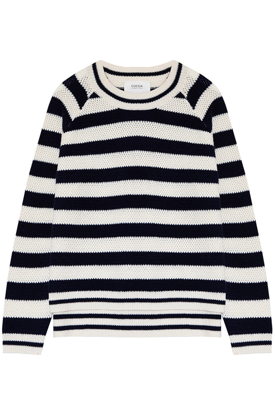 Cocoa Cashmere Navy & Cream Stripe Sweater with Crew Neck, Long Sleeve, Longer Back Hem CC5907A