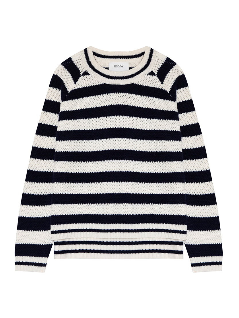 Cocoa Cashmere Navy & Cream Stripe Sweater with Crew Neck, Long Sleeve, Longer Back Hem CC5907A