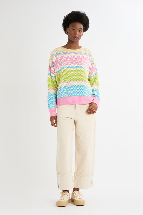 Cocoa Cashmere Multicolour Stripe Cashmere-Cotton Crew Neck Sweater CC5916A