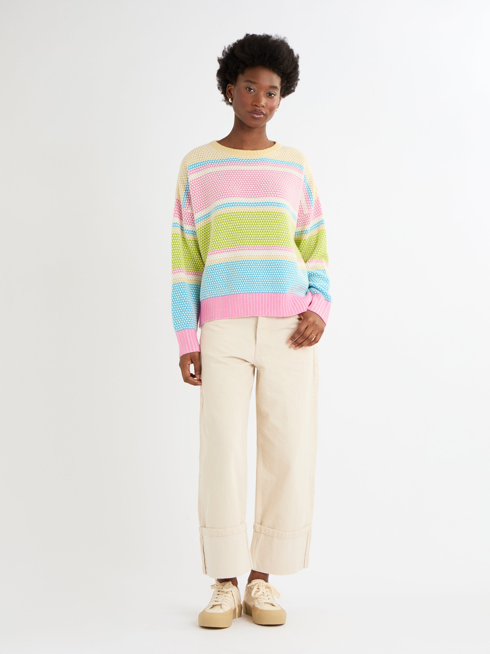 Cocoa Cashmere Multicolour Stripe Cashmere-Cotton Crew Neck Sweater CC5916A