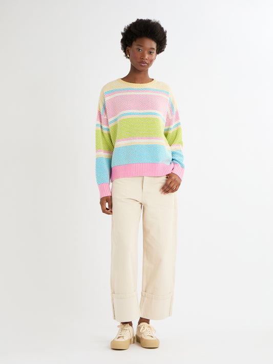 Cocoa Cashmere Multicolour Stripe Cashmere-Cotton Crew Neck Sweater CC5916A