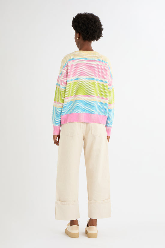 Cocoa Cashmere Multicolour Stripe Cashmere-Cotton Crew Neck Sweater CC5916A