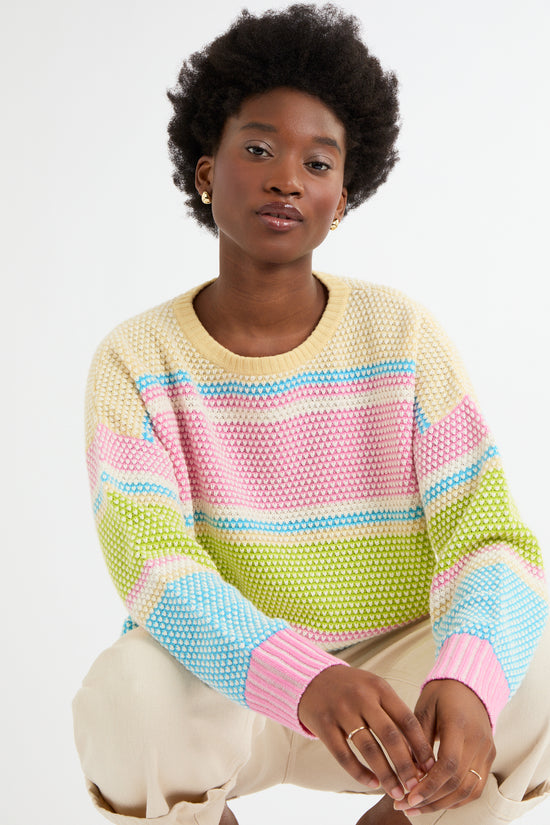 Cocoa Cashmere Multicolour Stripe Cashmere-Cotton Crew Neck Sweater CC5916A