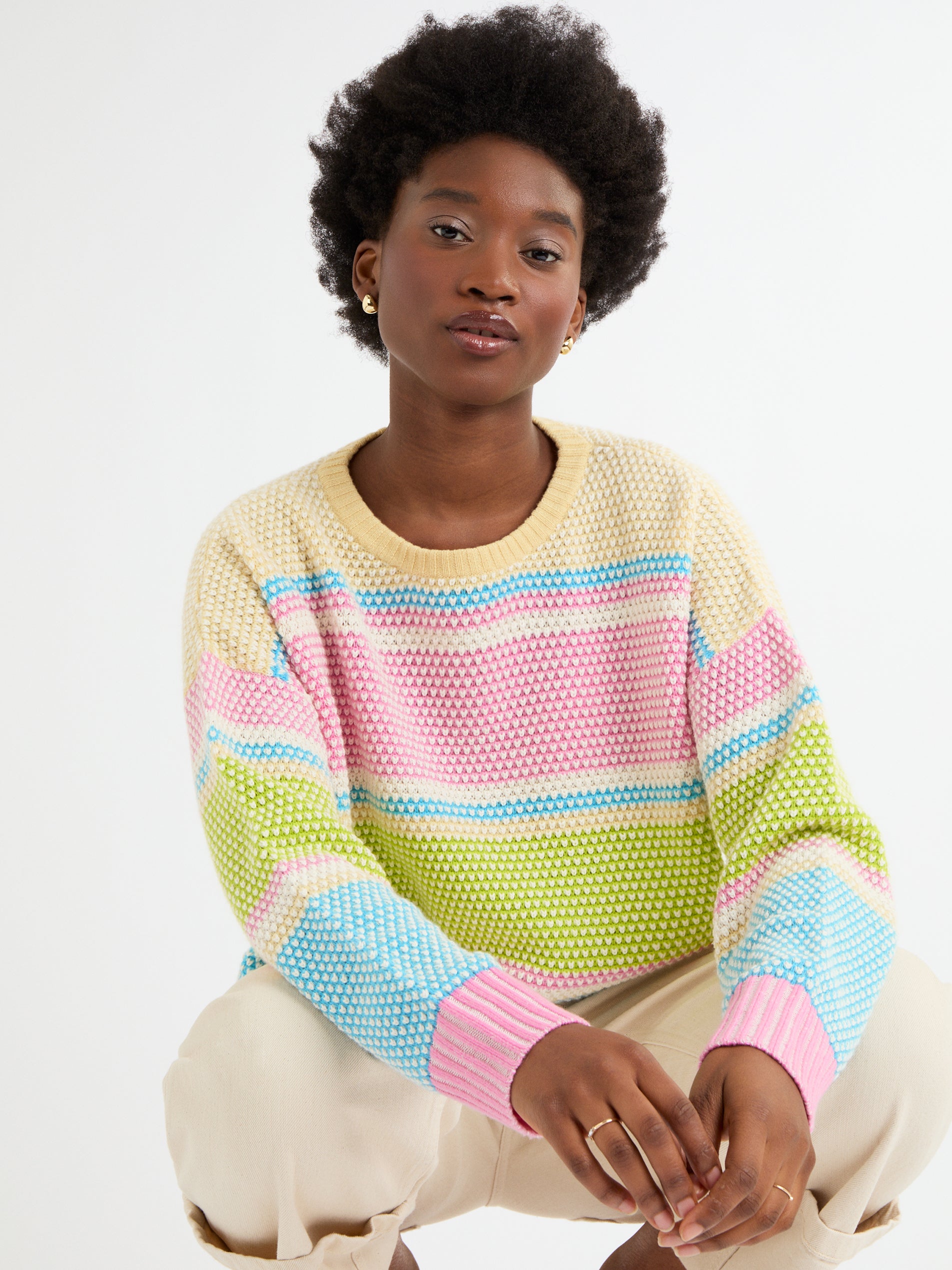 Cocoa Cashmere Multicolour Stripe Cashmere-Cotton Crew Neck Sweater CC5916A