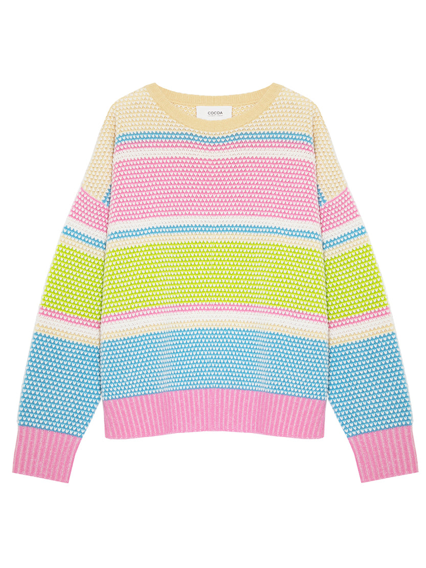 Cocoa Cashmere Multicolour Stripe Cashmere-Cotton Crew Neck Sweater CC5916A