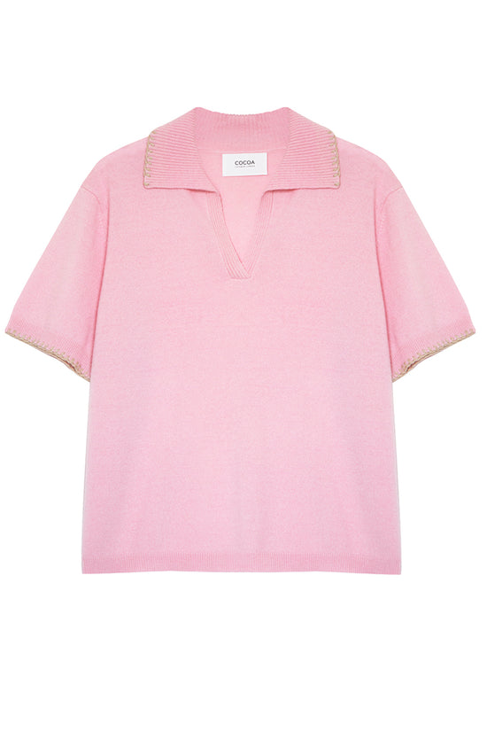 Cocoa Cashmere Pink Cashmere Short Sleeve Jumper with Open V-Neck Collar CC5931