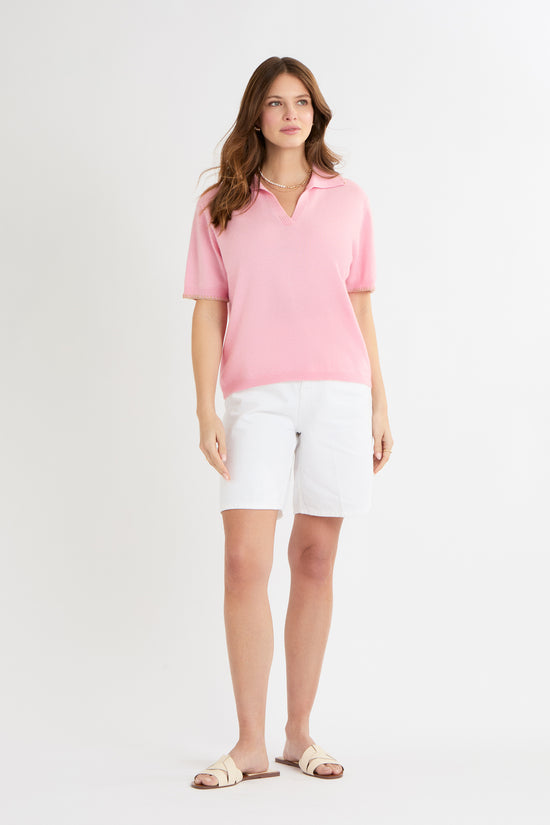 Cocoa Cashmere Pink Cashmere Short Sleeve Jumper with Open V-Neck Collar CC5931