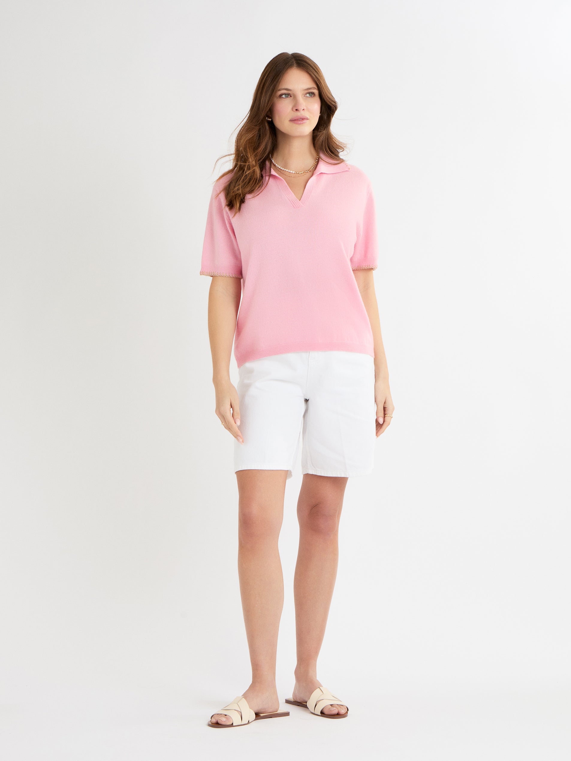 Cocoa Cashmere Pink Cashmere Short Sleeve Jumper with Open V-Neck Collar CC5931