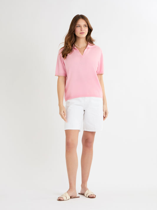 Cocoa Cashmere Pink Cashmere Short Sleeve Jumper with Open V-Neck Collar CC5931