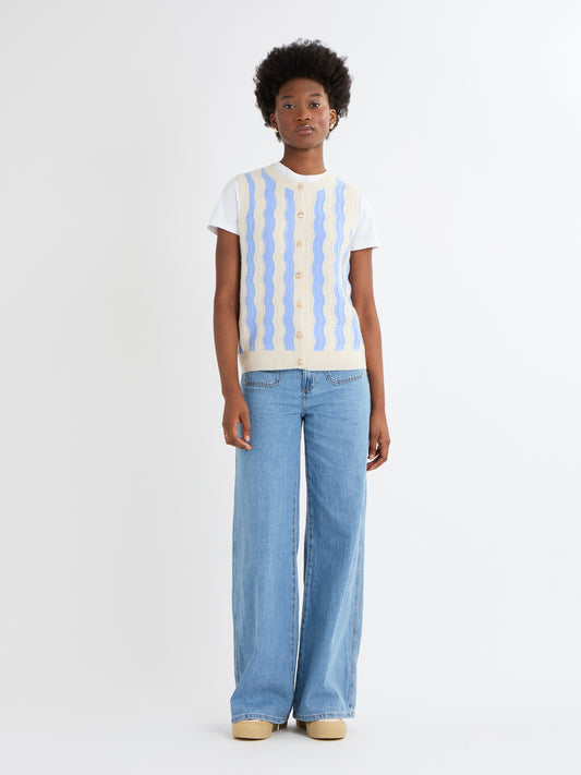 Cocoa Cashmere Light Blue Wave Stripe Sleeveless Tank Top with Button Fastening CC5939A