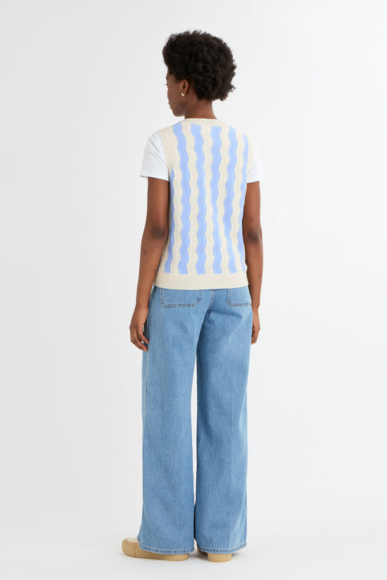 Cocoa Cashmere Light Blue Wave Stripe Sleeveless Tank Top with Button Fastening CC5939A