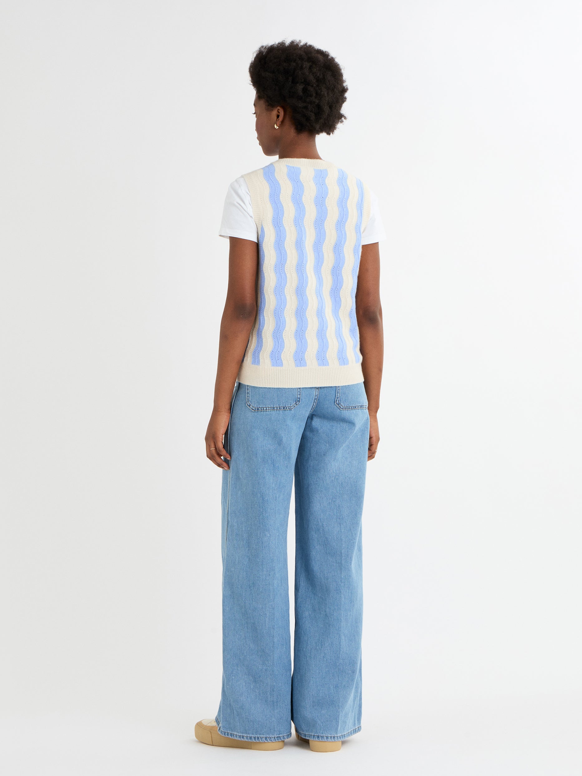 Cocoa Cashmere Light Blue Wave Stripe Sleeveless Tank Top with Button Fastening CC5939A