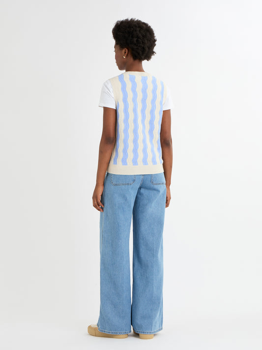 Cocoa Cashmere Light Blue Wave Stripe Sleeveless Tank Top with Button Fastening CC5939A