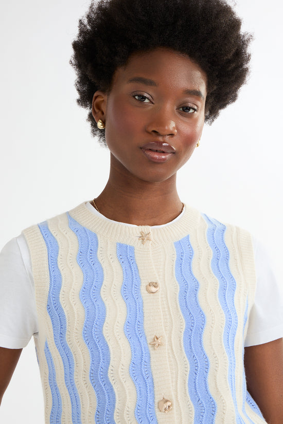 Cocoa Cashmere Light Blue Wave Stripe Sleeveless Tank Top with Button Fastening CC5939A