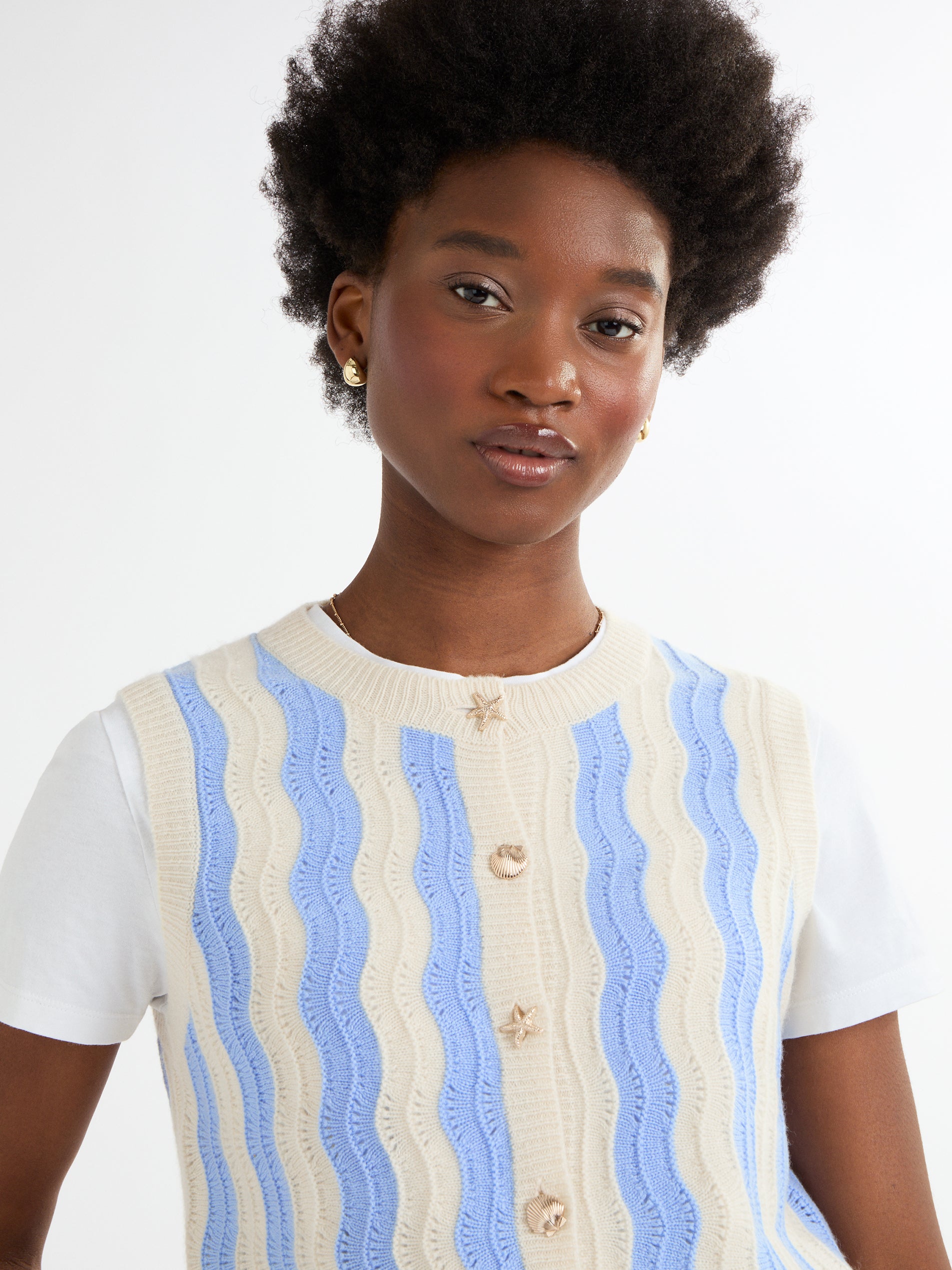 Cocoa Cashmere Light Blue Wave Stripe Sleeveless Tank Top with Button Fastening CC5939A