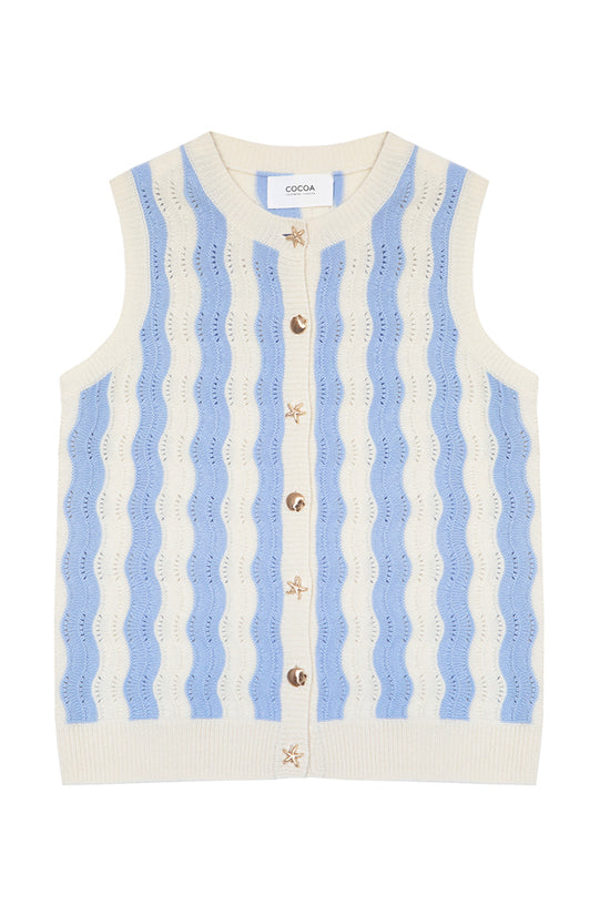 Cocoa Cashmere Light Blue Wave Stripe Sleeveless Tank Top with Button Fastening CC5939A