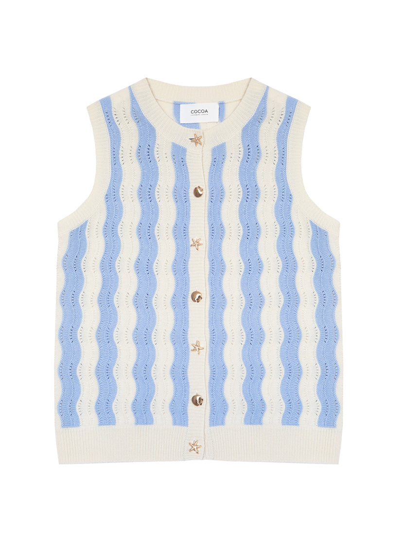 Cocoa Cashmere Light Blue Wave Stripe Sleeveless Tank Top with Button Fastening CC5939A