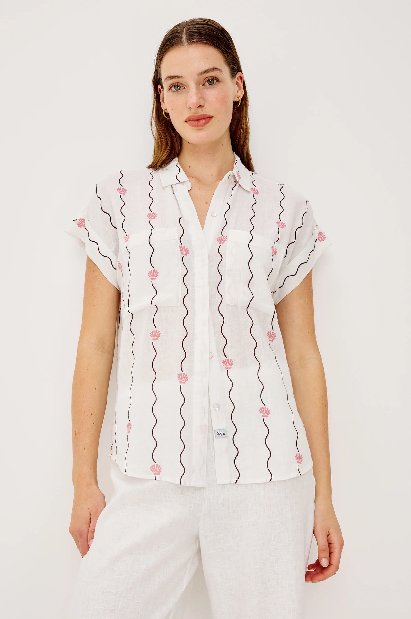 Rails Ivory Wavy Stripe with Seashells Short Sleeve Shirt CITO