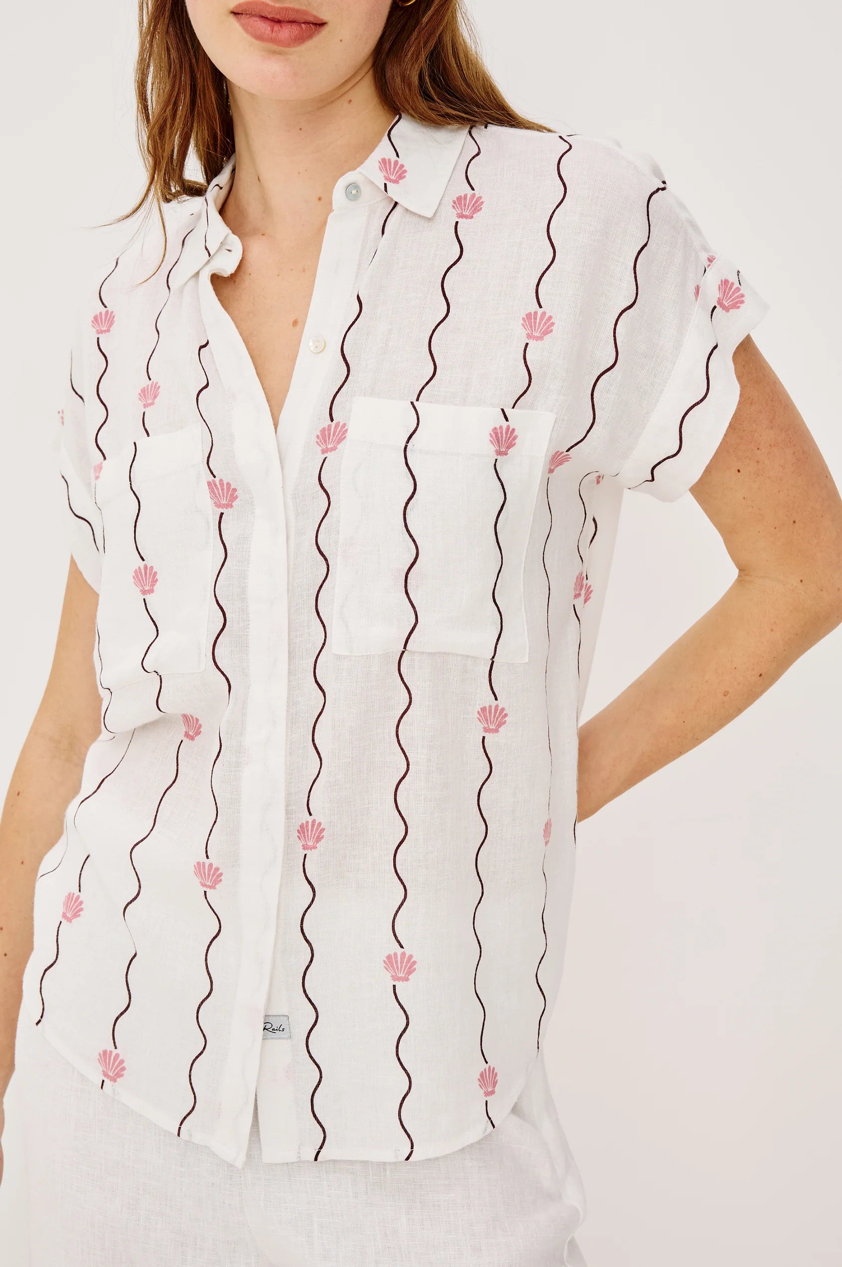 Rails Ivory Wavy Stripe with Seashells Short Sleeve Shirt CITO