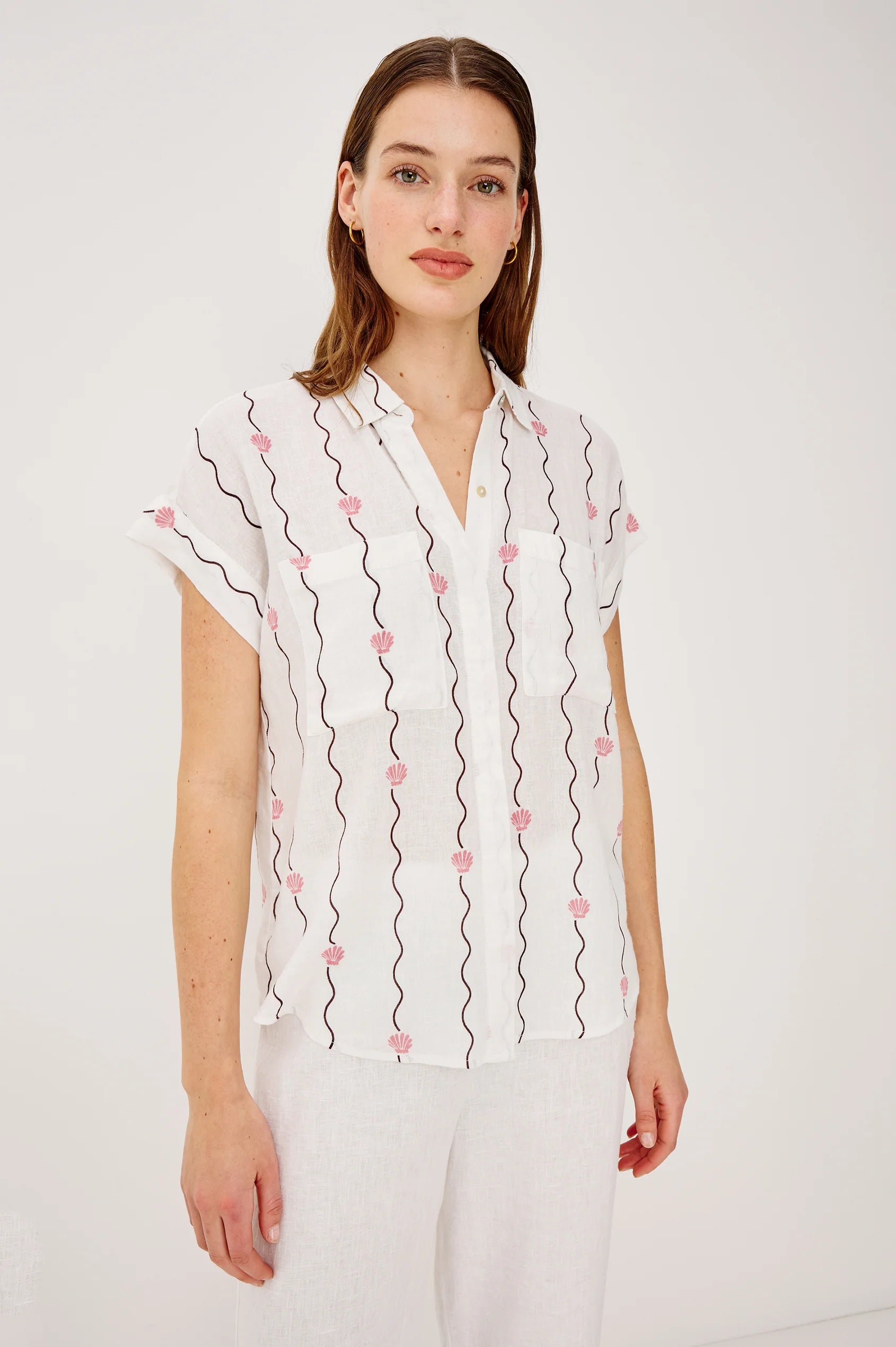 Rails Ivory Wavy Stripe with Seashells Short Sleeve Shirt CITO