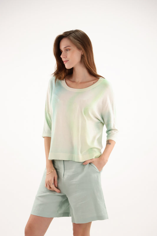 Estheme Cotton Cashmere Blend Sweater Crew Neck, 3/4 Sleeve Lightweight Sweater in Cream CKE6227D