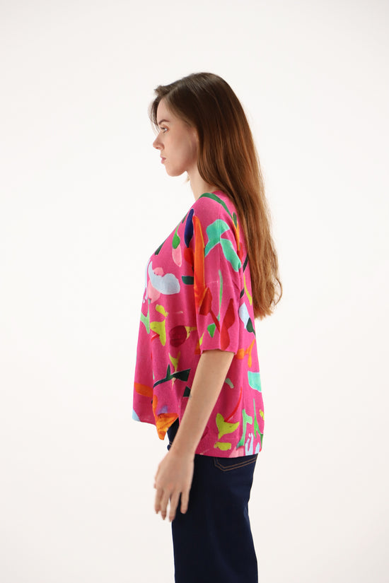 Estheme Multicoloured V-Neck Sweater – Short Sleeve Lightweight Linen-Cotton Knit CKE6252E