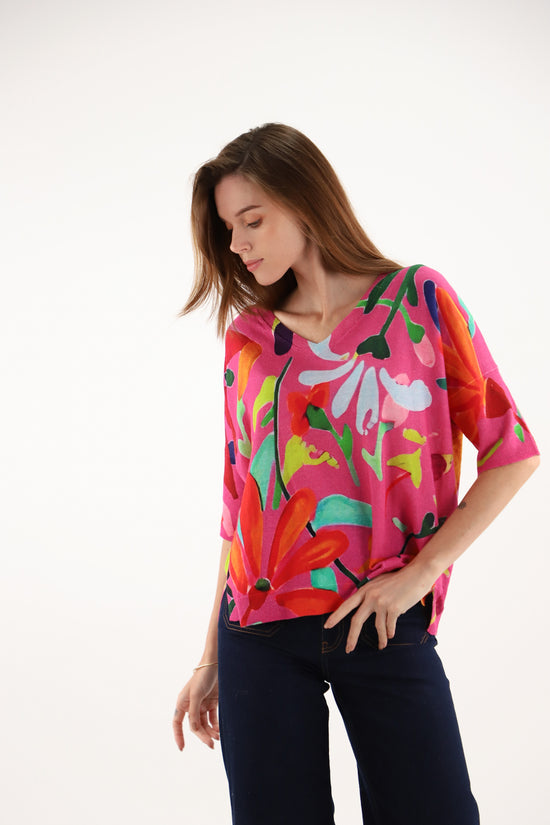 Estheme Multicoloured V-Neck Sweater – Short Sleeve Lightweight Linen-Cotton Knit CKE6252E