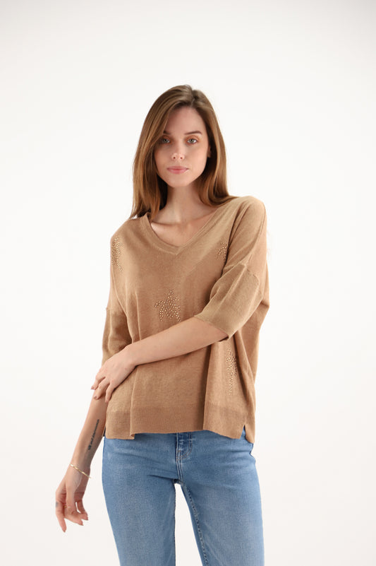 Estheme Caramel Linen Sweater– V-Neck Fine Knit, Short Sleeve with Beaded Palm Detail CKE6264E