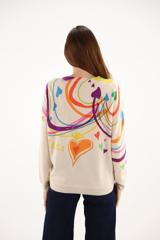 Estheme Heart Print Cashmere Sweater – Crew Neck Knit, Long Sleeve CKE6270C