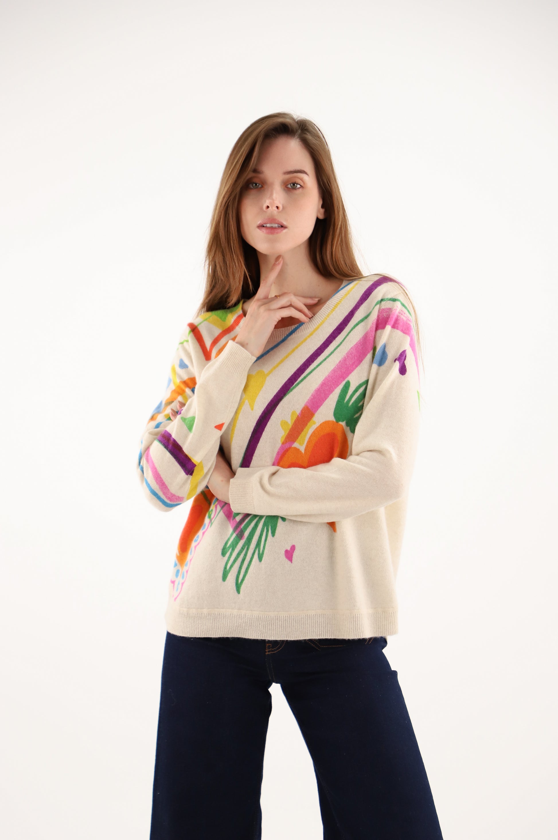 Estheme Heart Print Cashmere Sweater – Crew Neck Knit, Long Sleeve CKE6270C