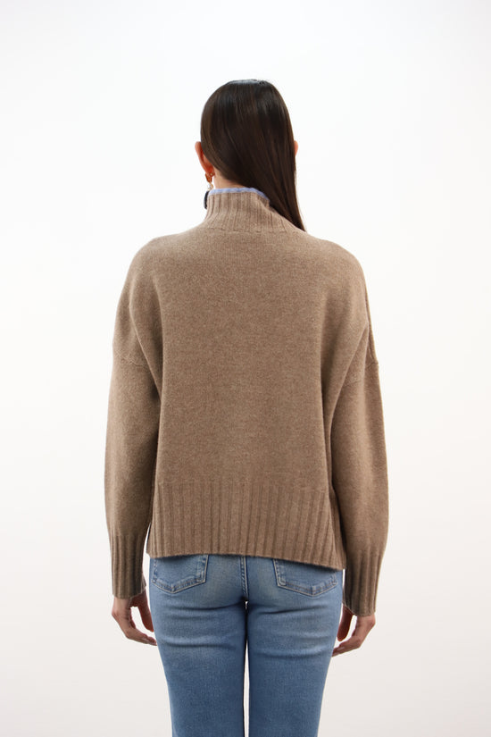 Estheme Cashmere Latte Cashmere High Neck Sweater Blue Line Pattern