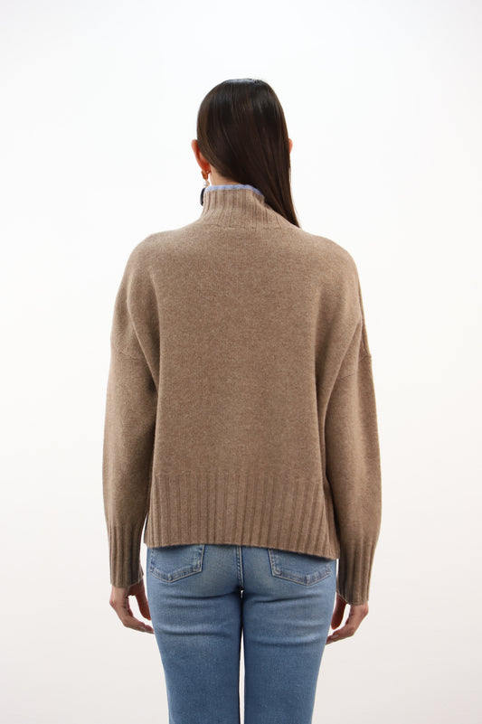 Estheme Cashmere Latte Cashmere High Neck Sweater Blue Line Pattern