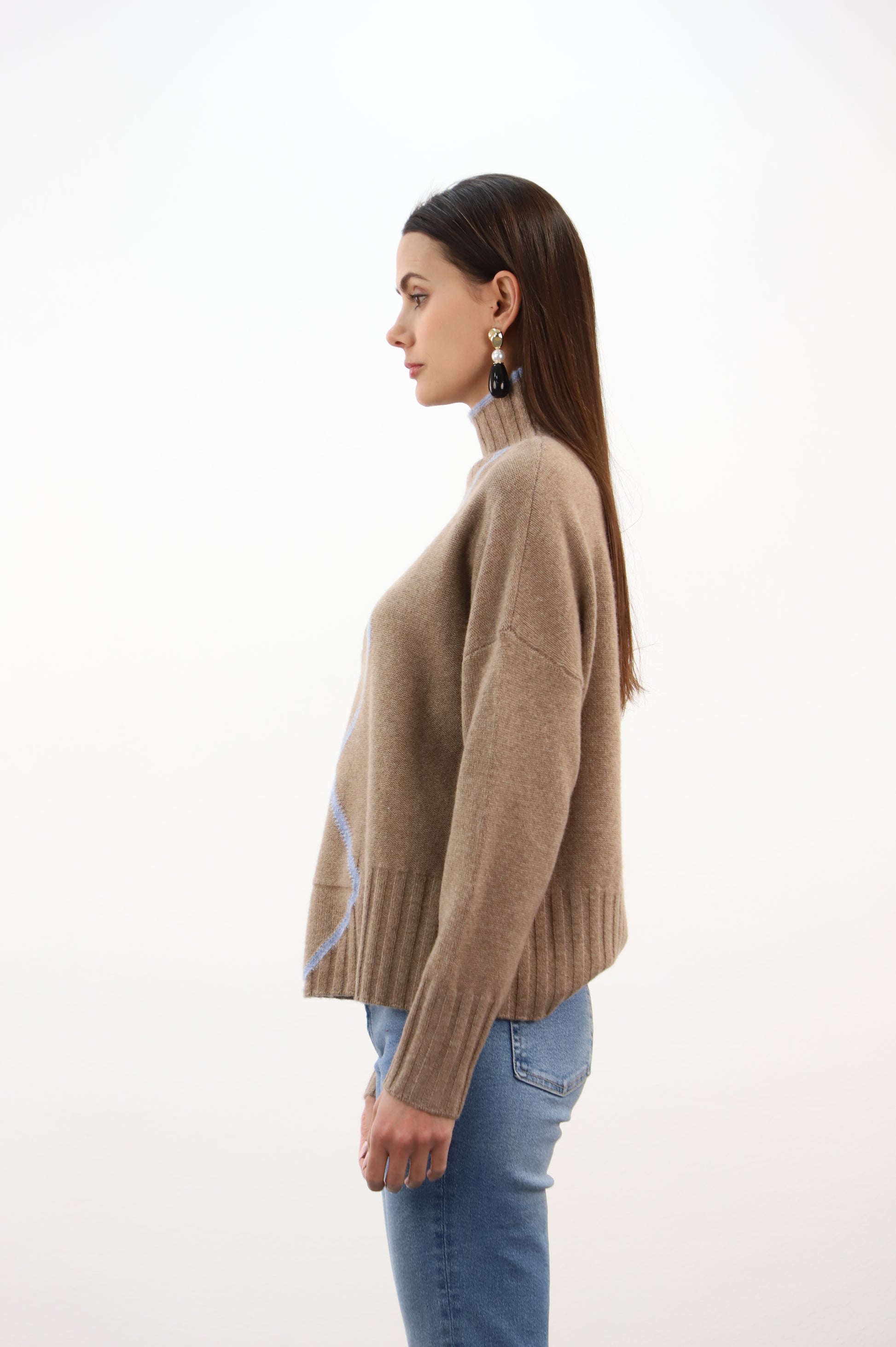 Estheme Cashmere Latte Cashmere High Neck Sweater Blue Line Pattern