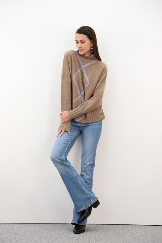 Estheme Cashmere Latte Cashmere High Neck Sweater Blue Line Pattern