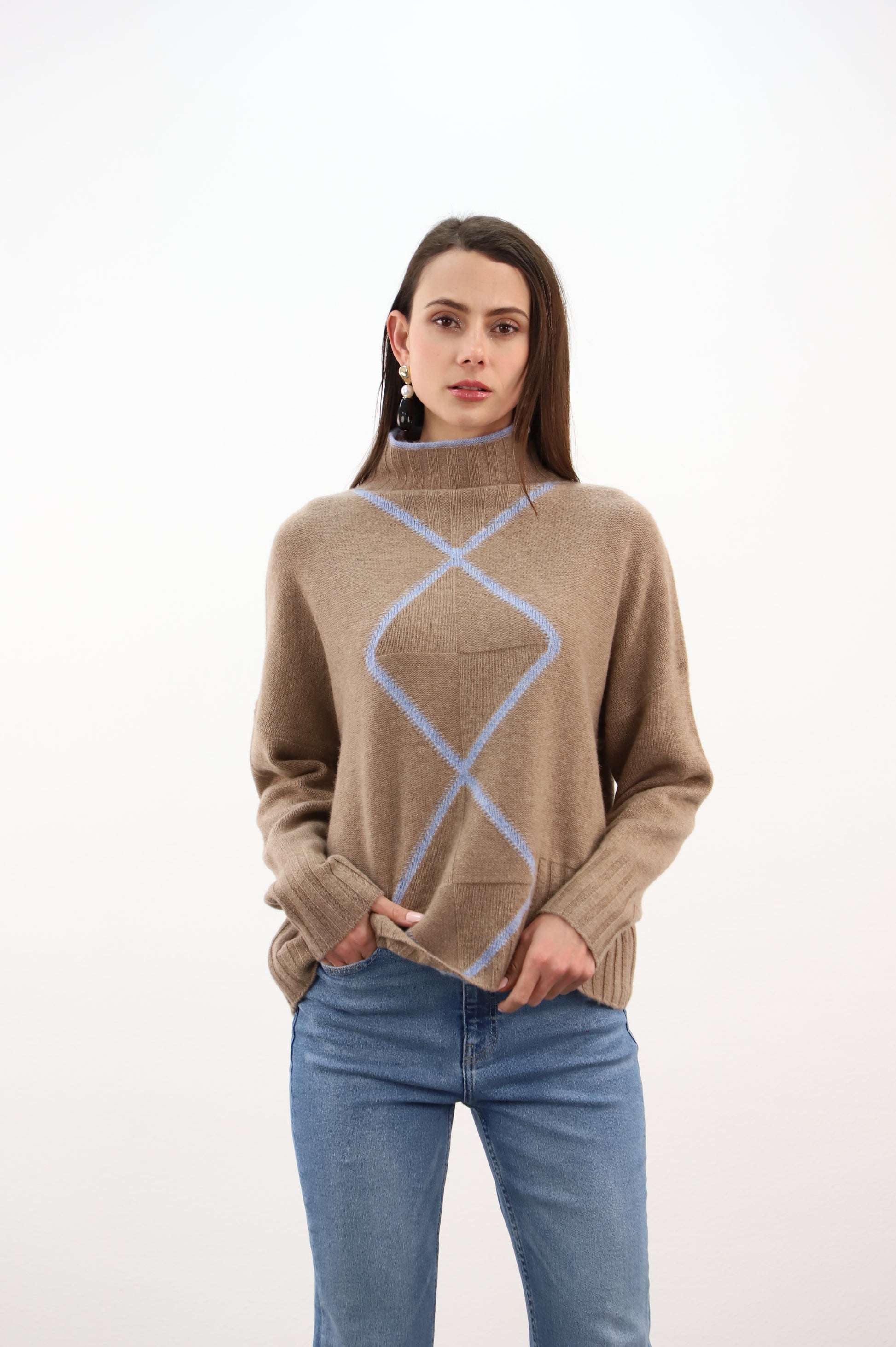 Estheme Cashmere Latte Cashmere High Neck Sweater Blue Line Pattern